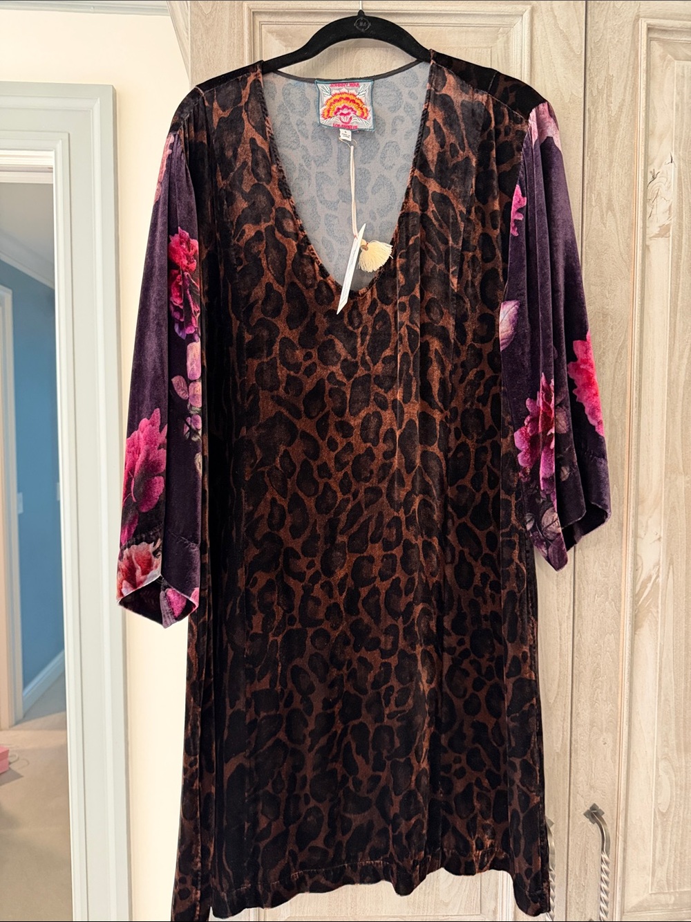 Johnny Was Velvet Leopard Print Dress with Purple Floral Sleeves